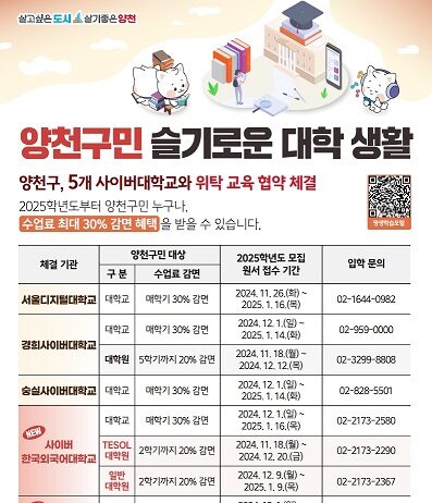 2025년 5개 사이버 대학교 수업료 30% 감면 지원